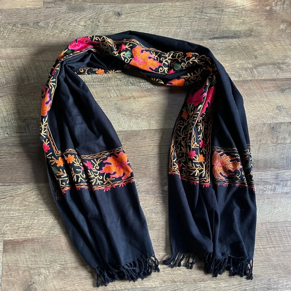 Vintage Style Hand Embroidered Scarf Black Pink Orange Floral Fringe